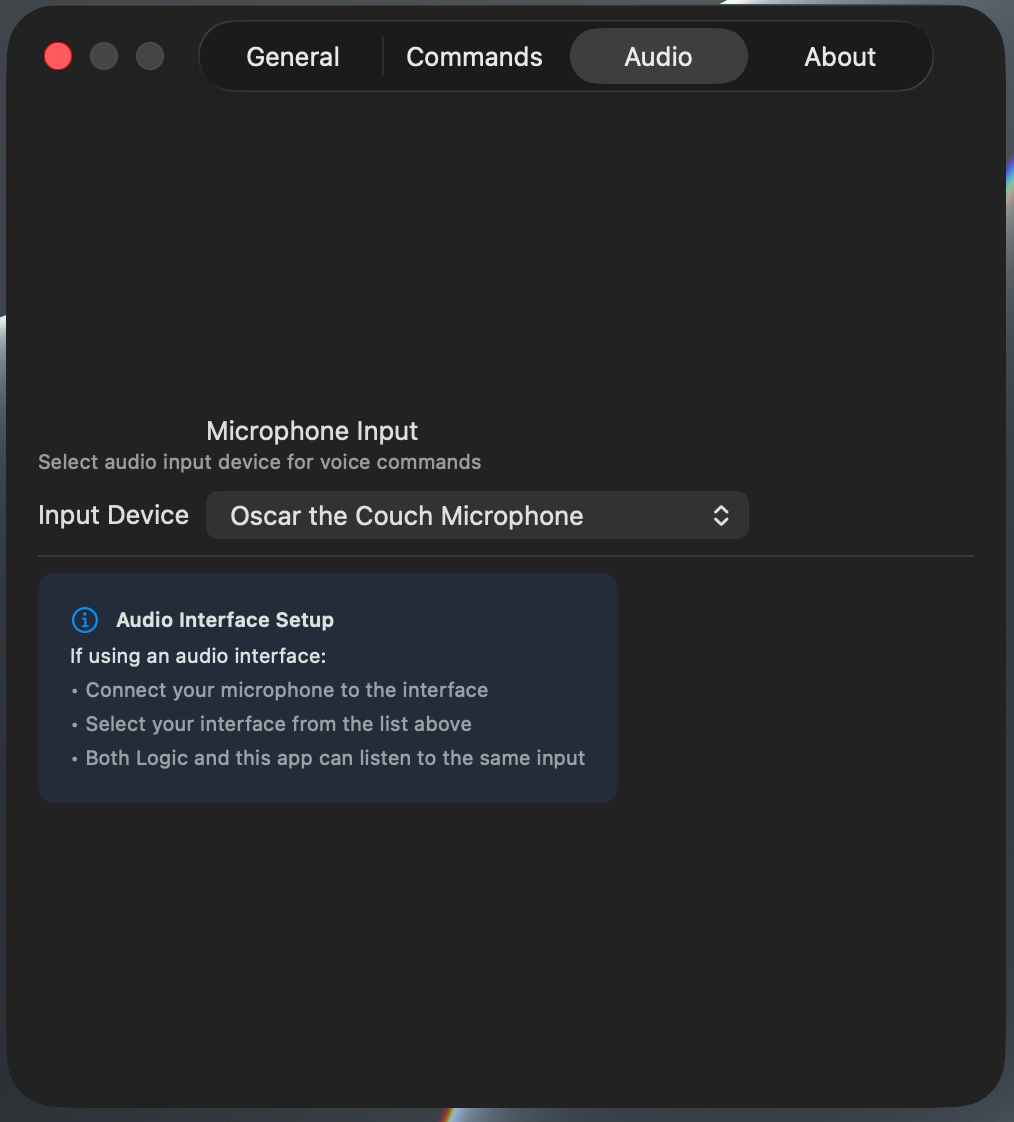 Logic Commander audio settings panel with audio interface input selection dropdown