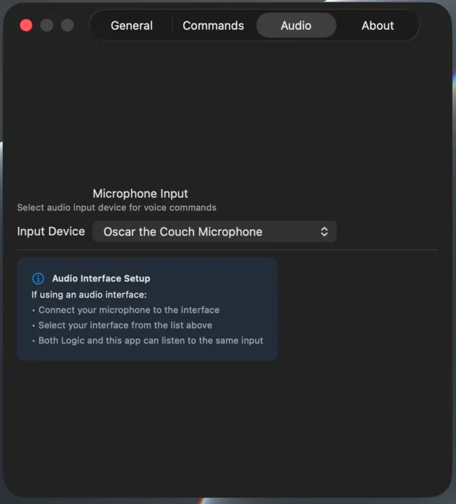 Logic Commander audio settings panel with audio interface input selection dropdown