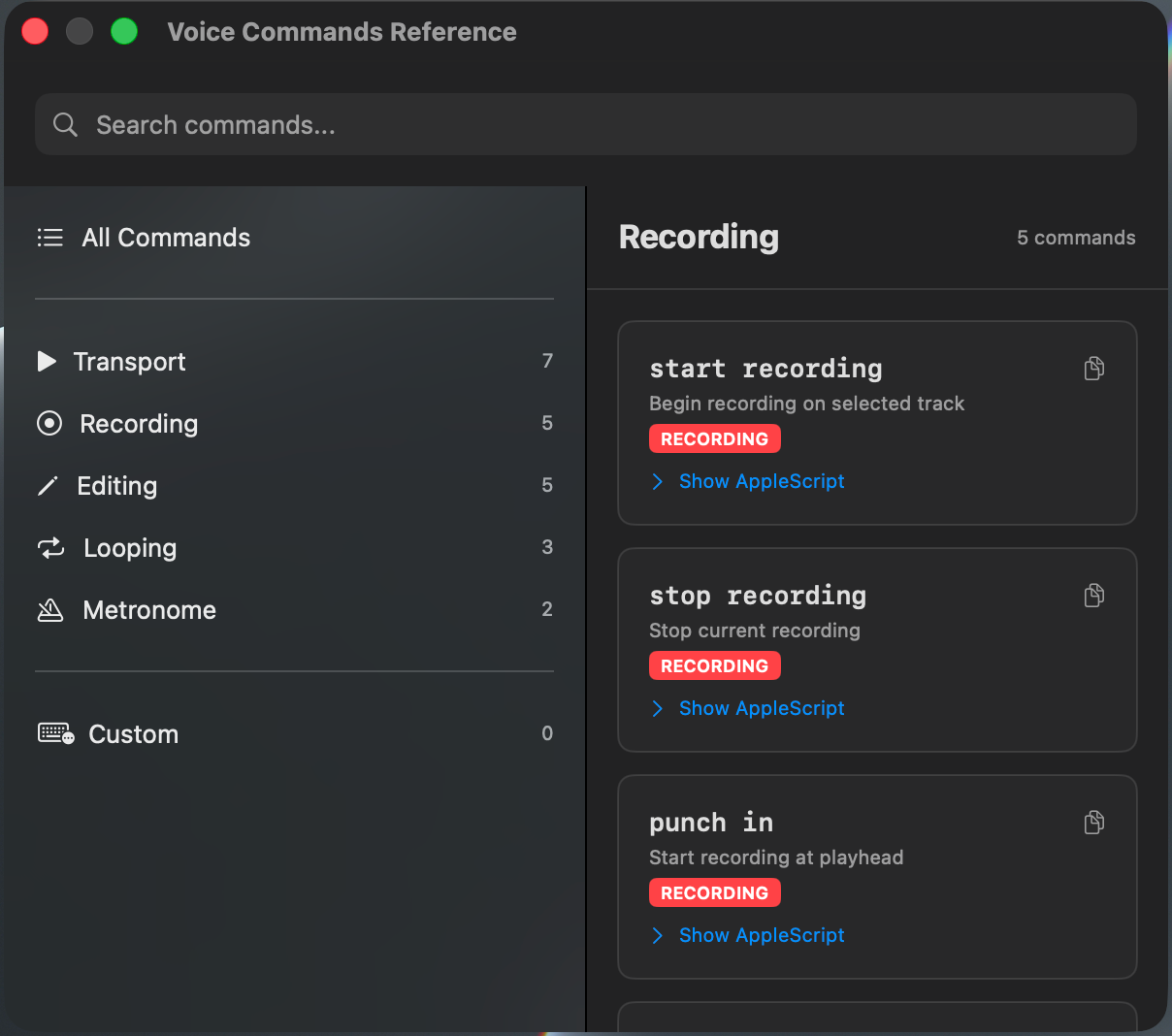 Logic Commander built-in voice commands reference window showing all available commands by category