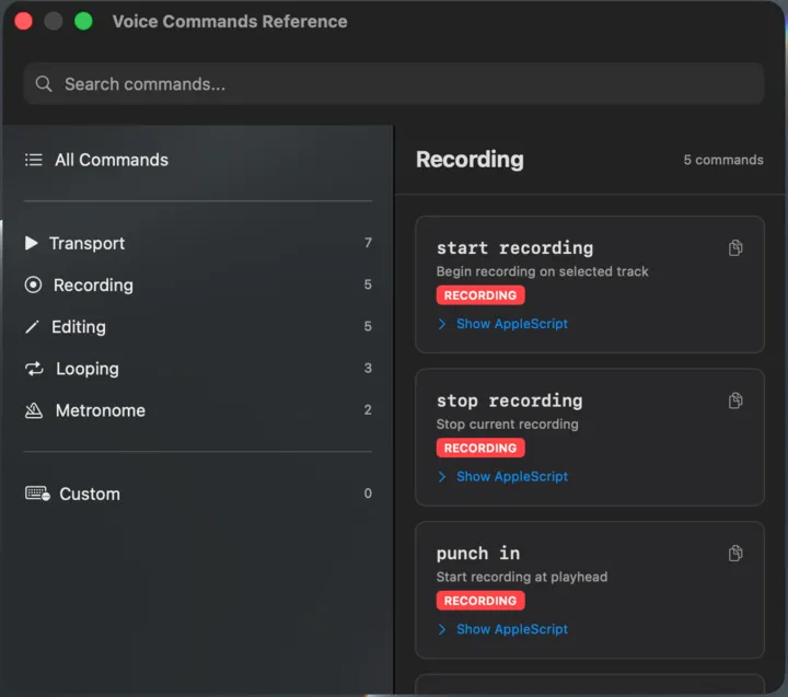 Logic Commander built-in voice commands reference window showing all available commands by category