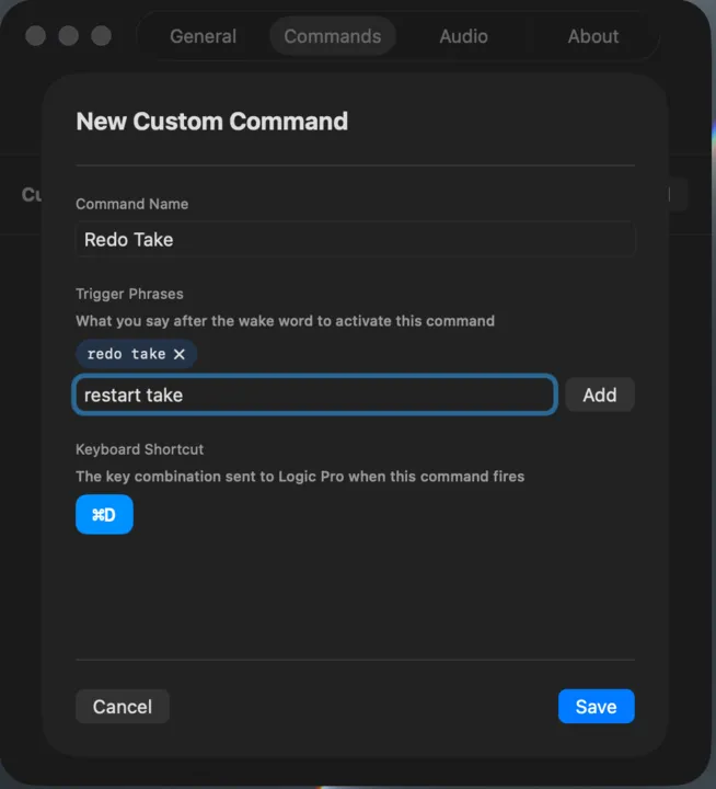Logic Commander custom command editor with trigger phrases and captured keyboard shortcut