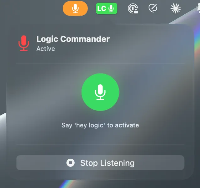 Logic Commander menu bar popover showing live mic activity indicator and listening status